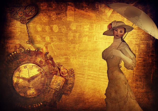 concept of time: Victorian woman holding parasol, beside old fashioned clock face, sepia tone background